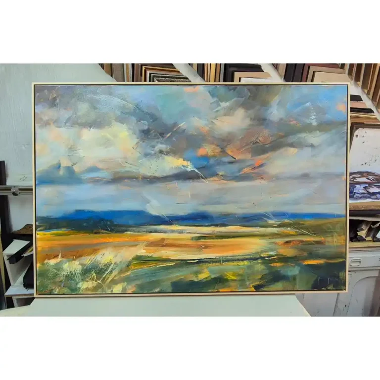 A painting of a field scenery with clouds.