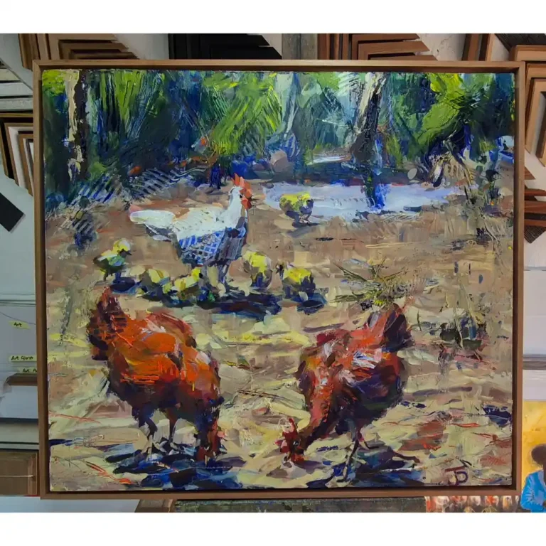 A painting of three chickens with their chicks in a wooden frame.