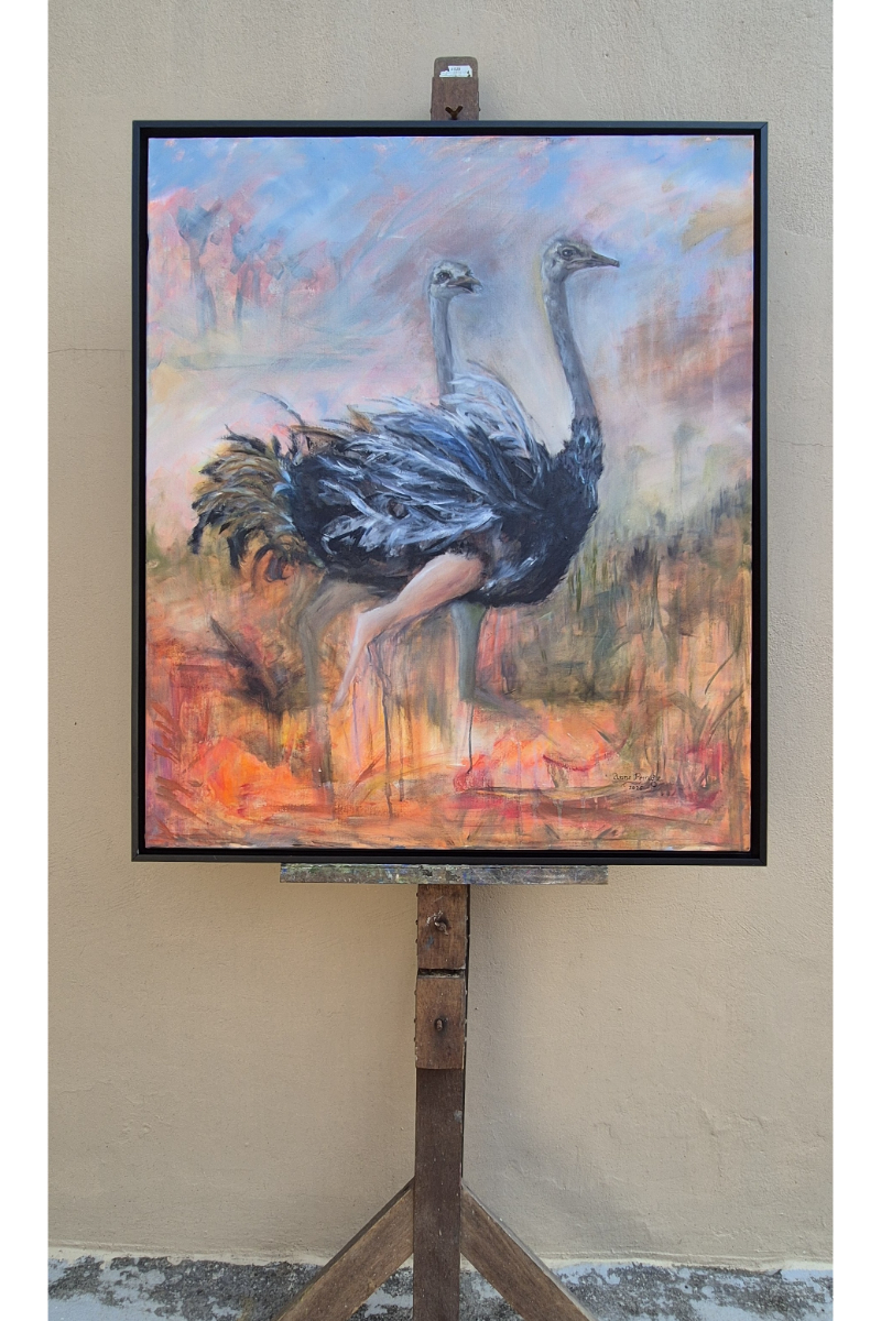 A painting of two ostriches in a field, framed in black.