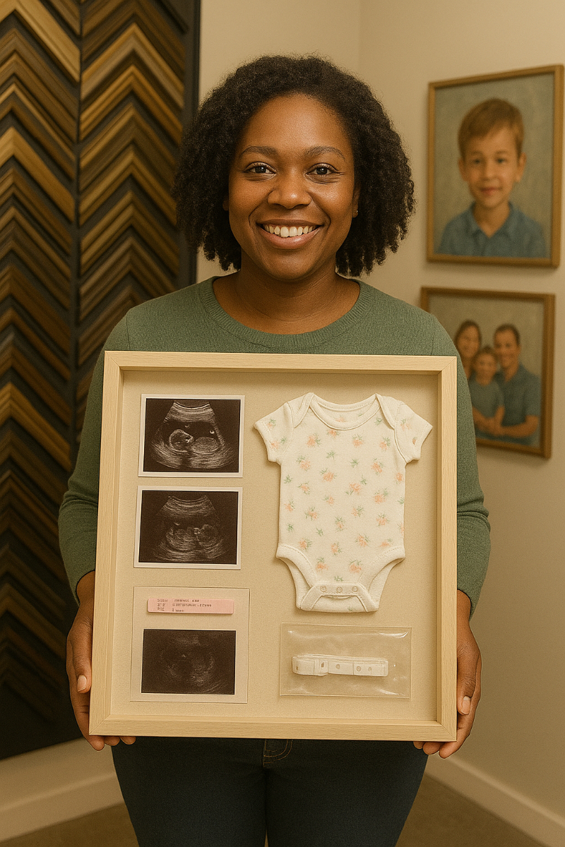 A woman holds up a frame containing a baby outfit and pictures.