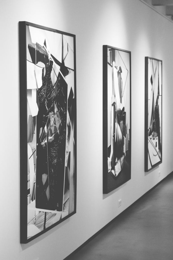 Monochrome abstract paintings on display in a modern art gallery.